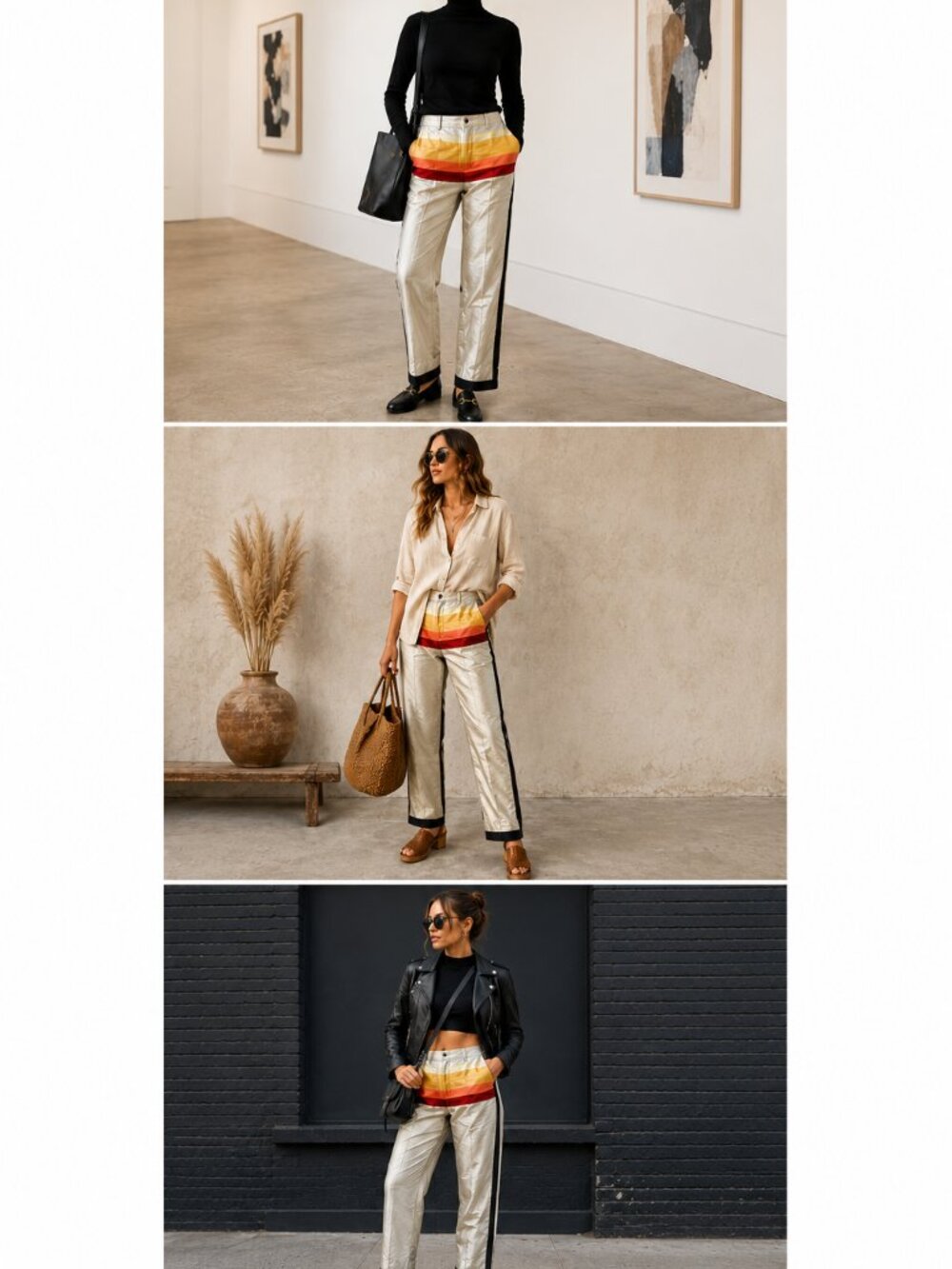 Womens Pants Silk Color-block Designer Statement Rainbow Straight Leg Luxury